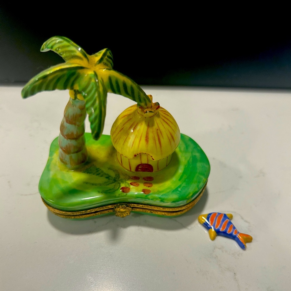 Limoges palm tree and guy trinket box with fish